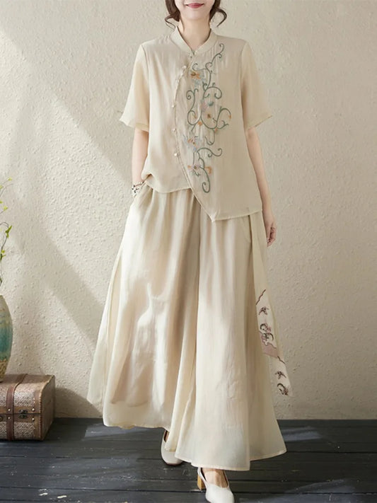 New National Style Heavy Embroidery  Set Women Summer Loose plus Size Fringed Wide Leg Pants Skirt Slimming Two Piece Set