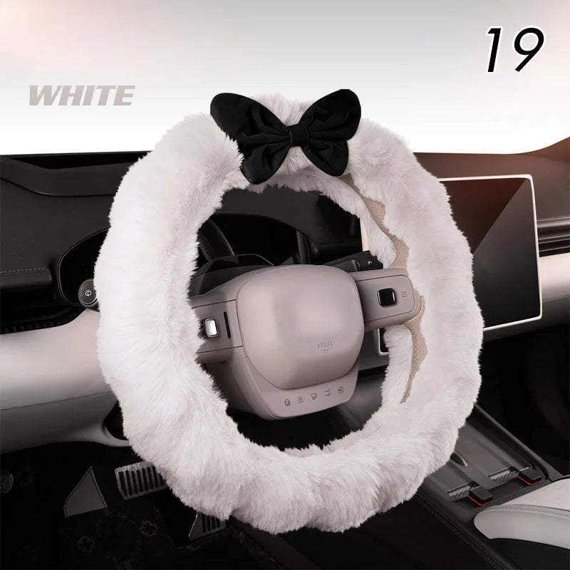 Winter Plush Car Seat Cover Bowknot Fashion Cute Women's Automotive Interior Protector Steering Wheel Warm Cushion Car Pillow