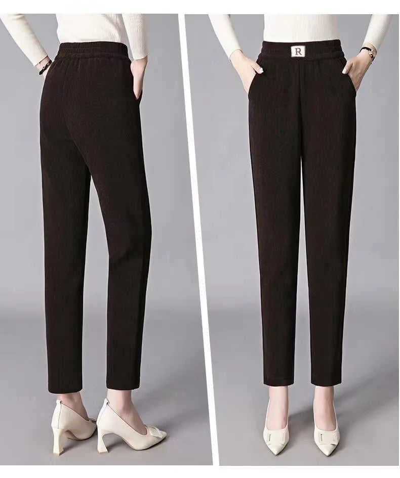 Autumn Winter Thickened Fleece Harlan Pants Women's Loose Casual Straight Leg Pants with Pockets Polyester Fiber Long Trousers