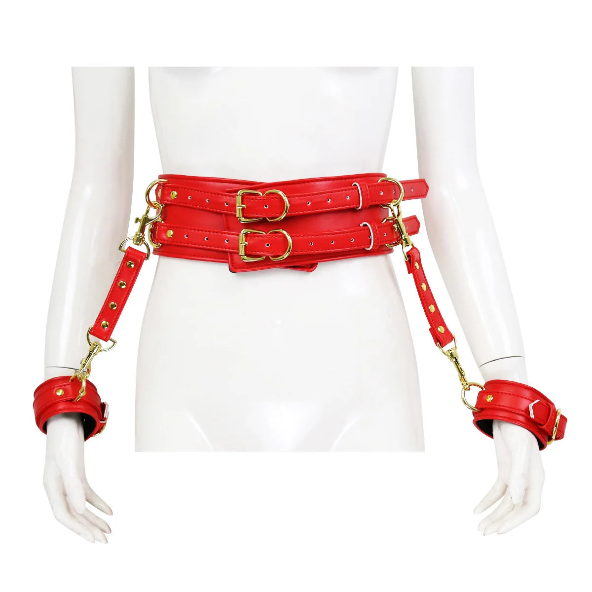 BDSM PU Leather Waist To Wrist Restraint Harness Set Adjustable Bondage Belt with Cuffs Slave Role Play Adult Sex Toy for Women