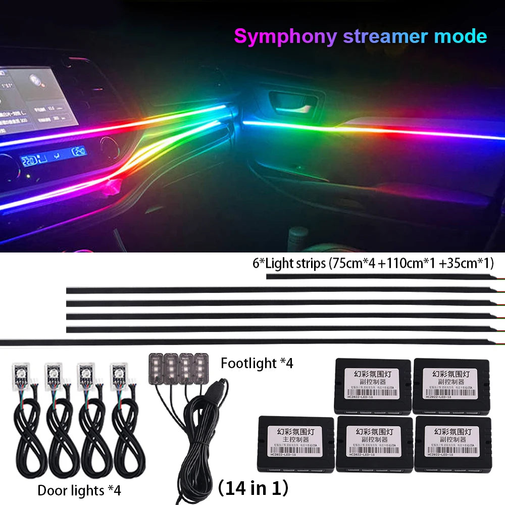 18 in 1 New LED Hidden Car Ambient Light Interior LED Black Hidden Acrylic Atmosphere Strip RGB 64/Full Colors Streamer Symphony