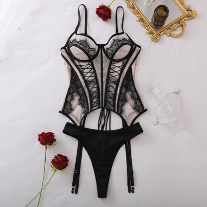 2026 Fashion Spicy Girl Cross Strap Splicing Perspective Lace Mesh Fishbone Shaping Slim and Sexy Split Set