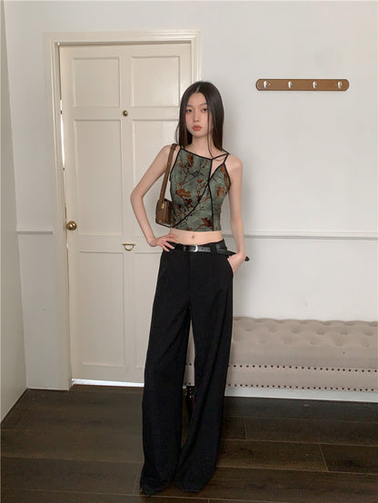 CHEERART Flocking Floral Vintage Crop Cami Top For Women Sleeveless Flower Green Tops Designer Clothes Luxury
