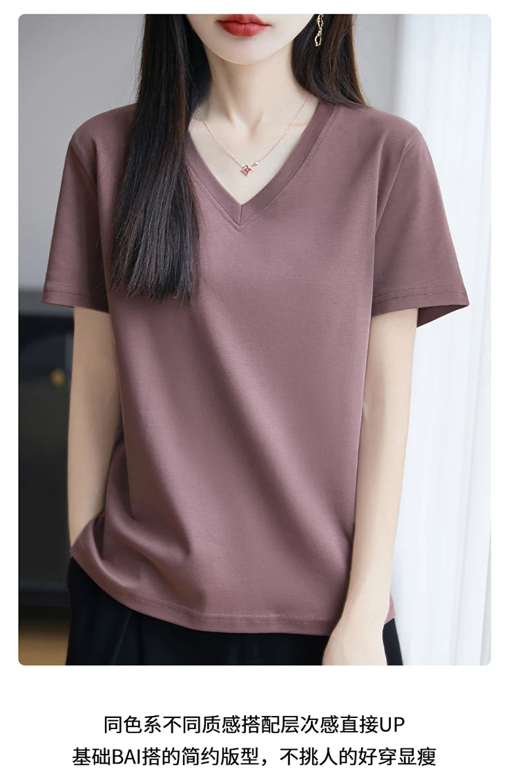2026 Summer New Pure Cotton V-neck Short-sleeved T-shirt Women's Solid Color Joker Pullover Shirt with Loose Sleeve Bottom Shirt