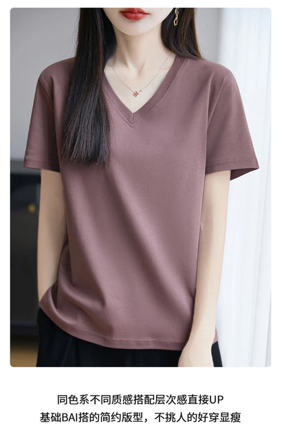2026 Summer New Pure Cotton V-neck Short-sleeved T-shirt Women's Solid Color Joker Pullover Shirt with Loose Sleeve Bottom Shirt