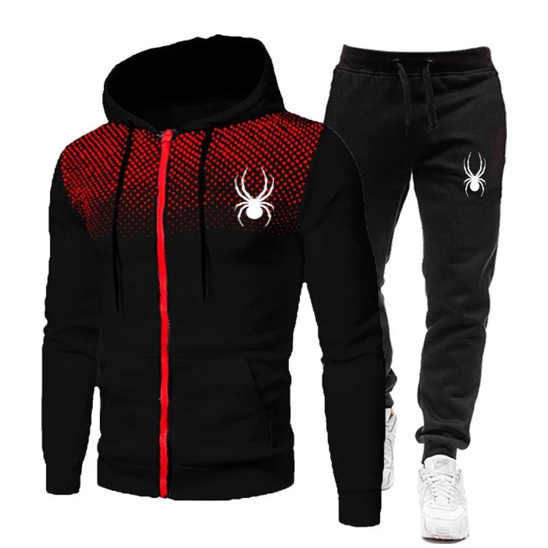 2026 Spring Winter spider print zipper long-sleeved hoodie + stretch waist pants two-piece men's sports jogging fitness suit