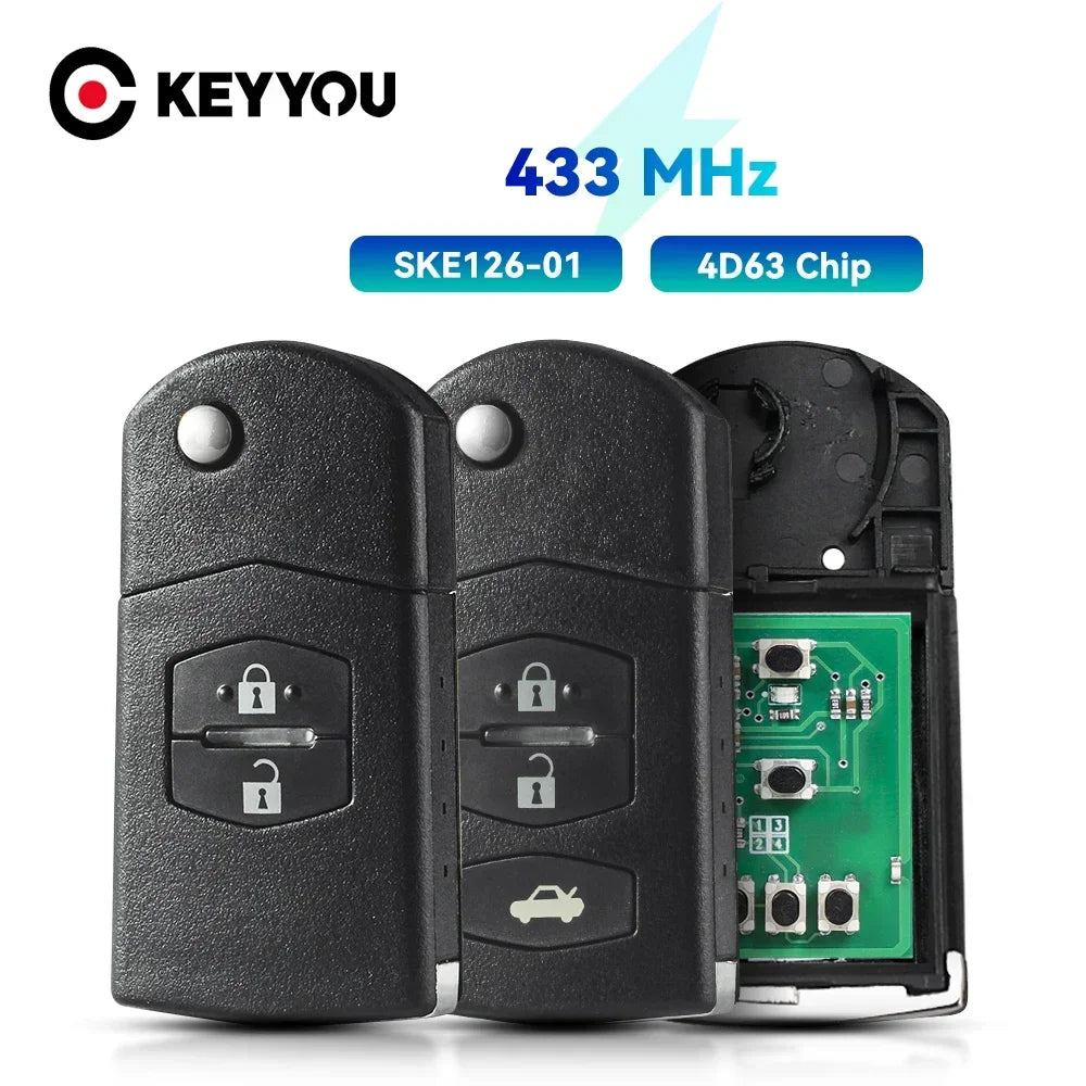 KEYYOU With Battery For Mazda 2 / 3 / 5 / 6 / MX5 / CX7 SKE126-01 Folding Remote Key Car Starter 2/3 Buttons 433MHz 4D63 Chip