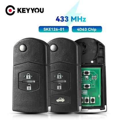 KEYYOU With Battery For Mazda 2 / 3 / 5 / 6 / MX5 / CX7 SKE126-01 Folding Remote Key Car Starter 2/3 Buttons 433MHz 4D63 Chip