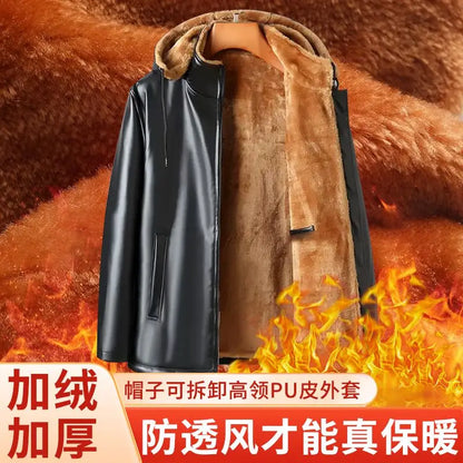 Luxury Black Leather Jacket Wool Lining Warm Men's Clothing Casual Hooded Jacket PU Leather Coats Windproof Outerwear New Chic