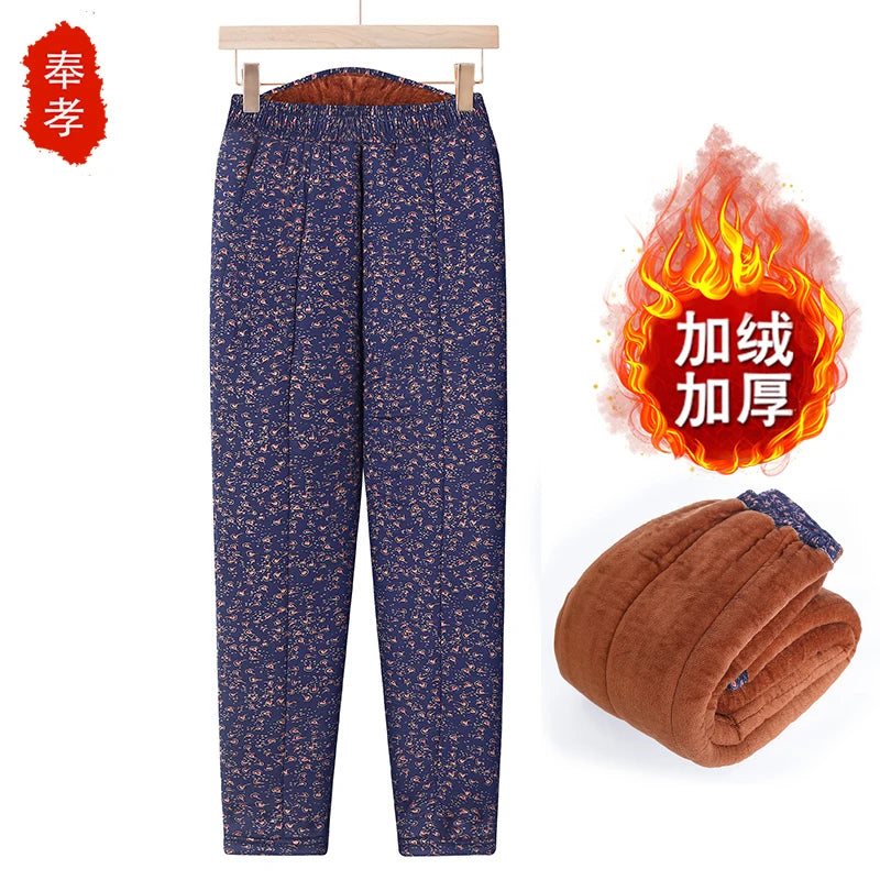 Thickened Camel down Women's Pants Autumn Winter Warm Long Trousers Fashionable Loose Fit Elderly Ladies Fashion Bamboo Leaf