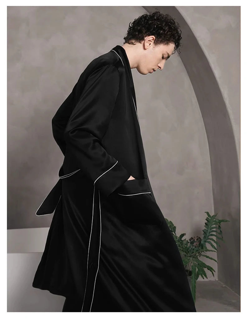 100% Natural Silk Men's Long Nightgown Navy Blue Casual Lounging Dress Comfortable Loose Size 5XL Weight 150KG Pajamas Cool