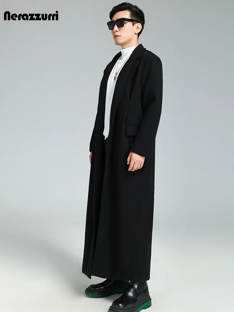 Nerazzurri Autumn Winter Extra Long Soft Black Warm Woolen Coat for Men Loose Casual Korean Fashion 2023 Wool & Blends Overcoat
