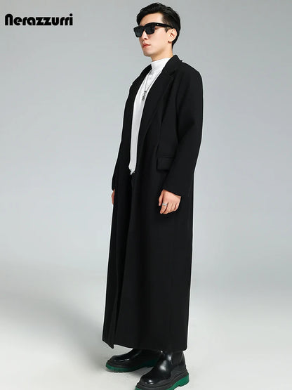 Nerazzurri Autumn Winter Extra Long Soft Black Warm Woolen Coat for Men Loose Casual Korean Fashion 2023 Wool & Blends Overcoat