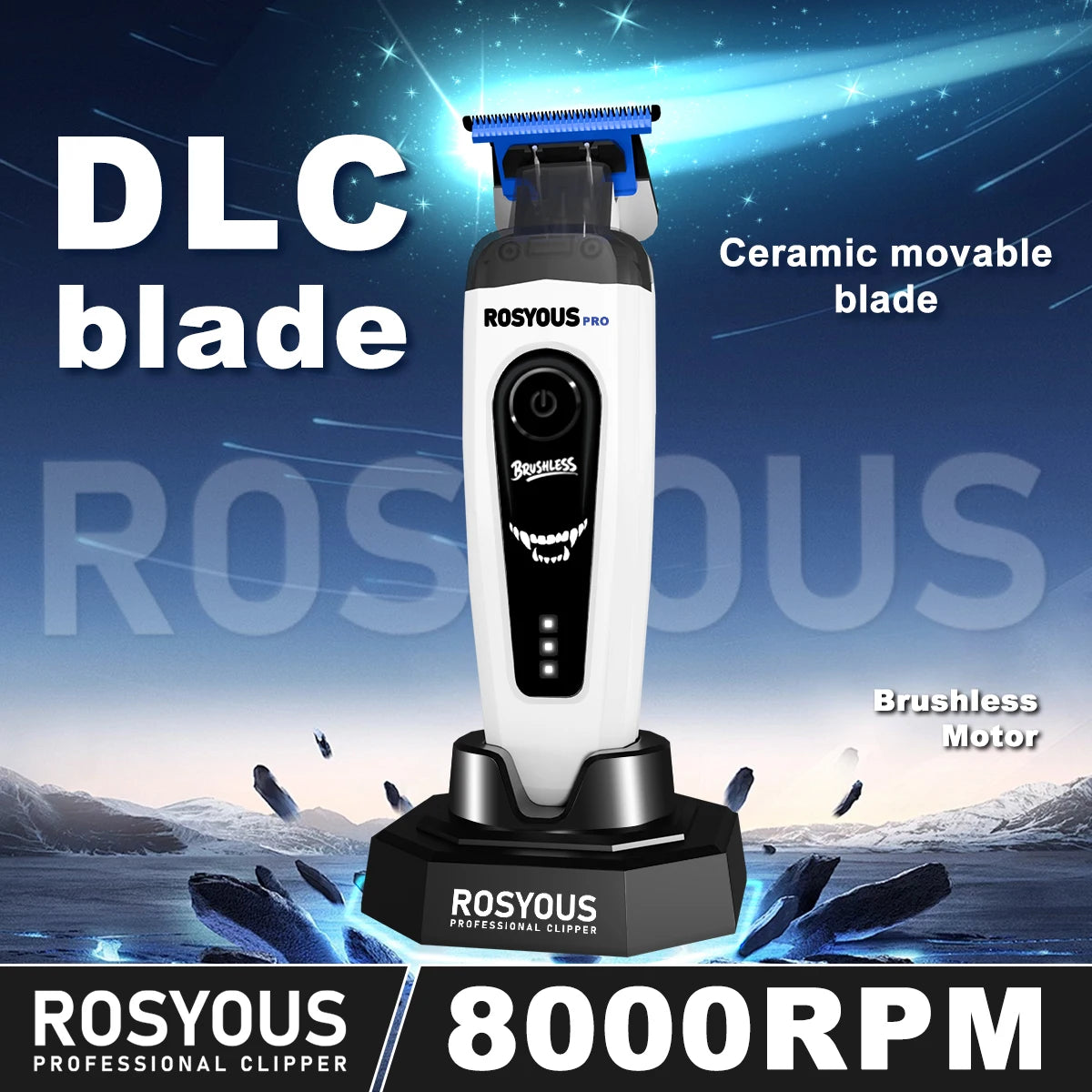 ROSYOUS RSpro-202 Hair Trimmer for Men DLC T-Blade 8000RPM Brushless Motor with Base Charger Professional Hair Cutting Machine