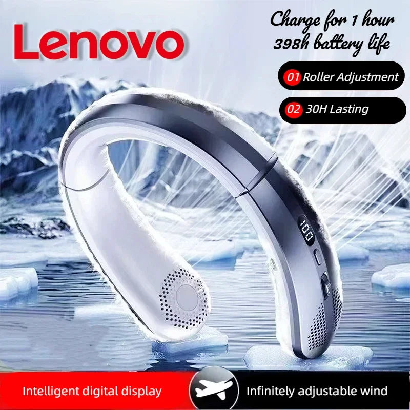 Lenovo Hanging Neck Fan LED Digital Display 8000mAh Portable Bladeless USB Rechargeable Mute Electric Air Cooler