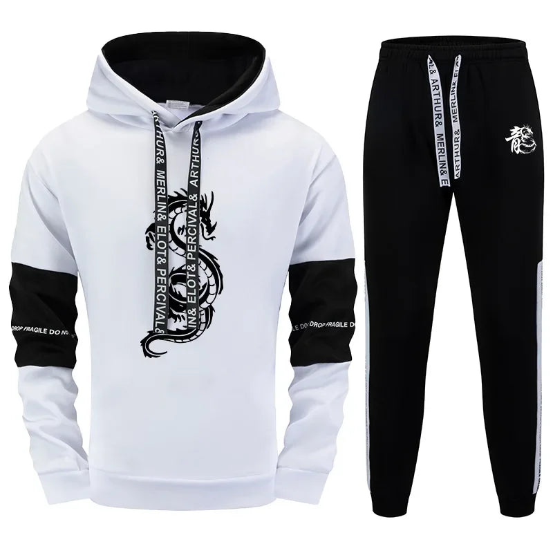 Chinese Dragon Print Men's Tracksuit Hoodies Sweatpants 2 Pcs Set Fashion Streetwear Outfit Fall Winter Casual Sport Jogger Suit