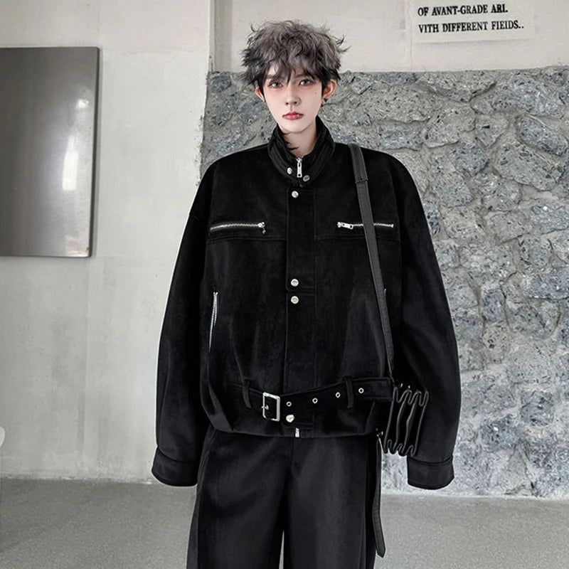 LUZHEN 2025 Winter Handsome Two-piece Sets Solid Color Streetwear Men Belt Decorate Stand Neck Jacket Baggy Casual Pants JY4852