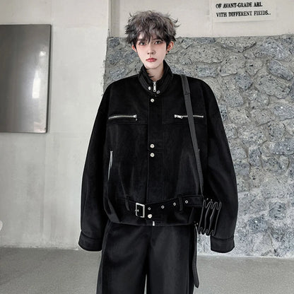 LUZHEN 2025 Winter Handsome Two-piece Sets Solid Color Streetwear Men Belt Decorate Stand Neck Jacket Baggy Casual Pants JY4852