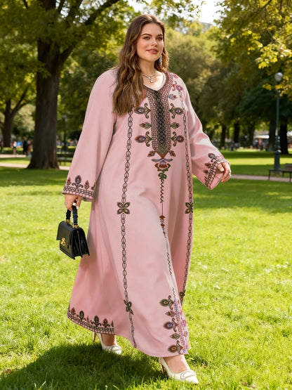 Middle Eastern Elegant Robe, New Spring and Autumn Style, Plus-Size Fashion Women's Clothing, Ethnic Print, Stylish, Loose and Comfortable, Holiday Style Long-Sleeve Dress