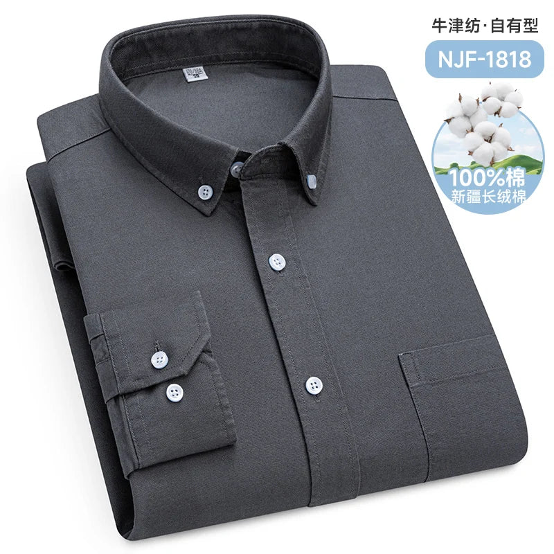 Classic Men's Long Sleeved Check Shirts 100% Oxford Cotton Casual Fashion Soft Plaid Stripe Solid Male Business Slim Fit Blouses