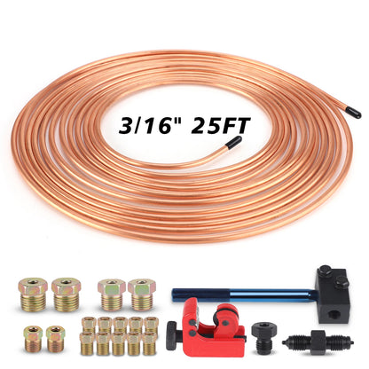 CNSPEED Car 25Ft 3/16" OD Copper-Plated Brake Line Pipe Tube With Double Flaring Tool Tubing Cutter 16PCS Tube Nuts Repair Kit