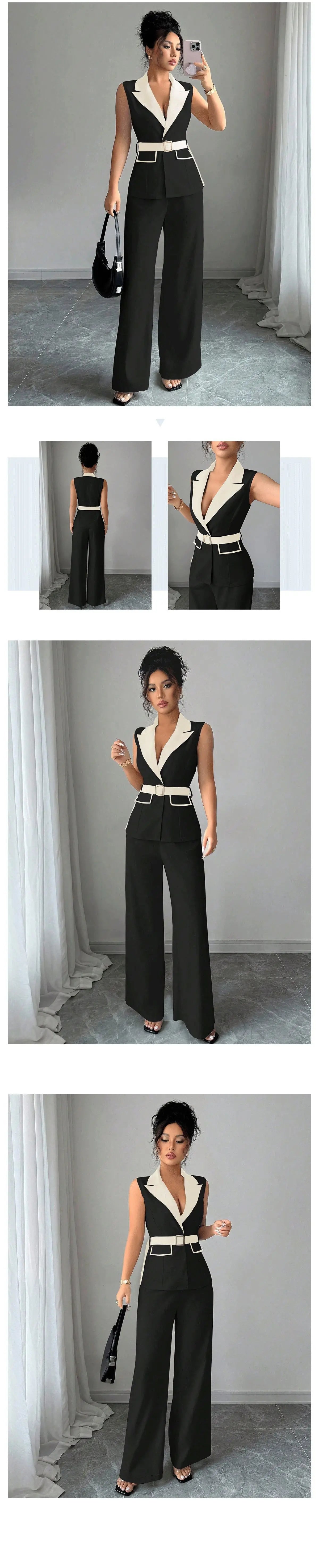 Women's Office Lady Ensemble Outfit Autumn Sleeveless Straight Leg Pants Set Classy Bandeau Elegant Style Top And Vest 2 Set