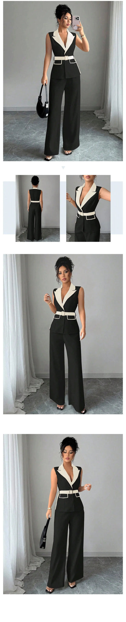 Women's Office Lady Ensemble Outfit Autumn Sleeveless Straight Leg Pants Set Classy Bandeau Elegant Style Top And Vest 2 Set