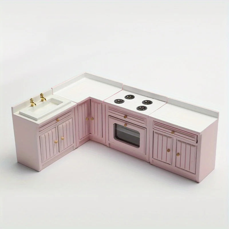 Playdoll House Miniature Furniture Kitchen Set with Wooden Pink Cabinet and Sink