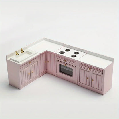 Playdoll House Miniature Furniture Kitchen Set with Wooden Pink Cabinet and Sink