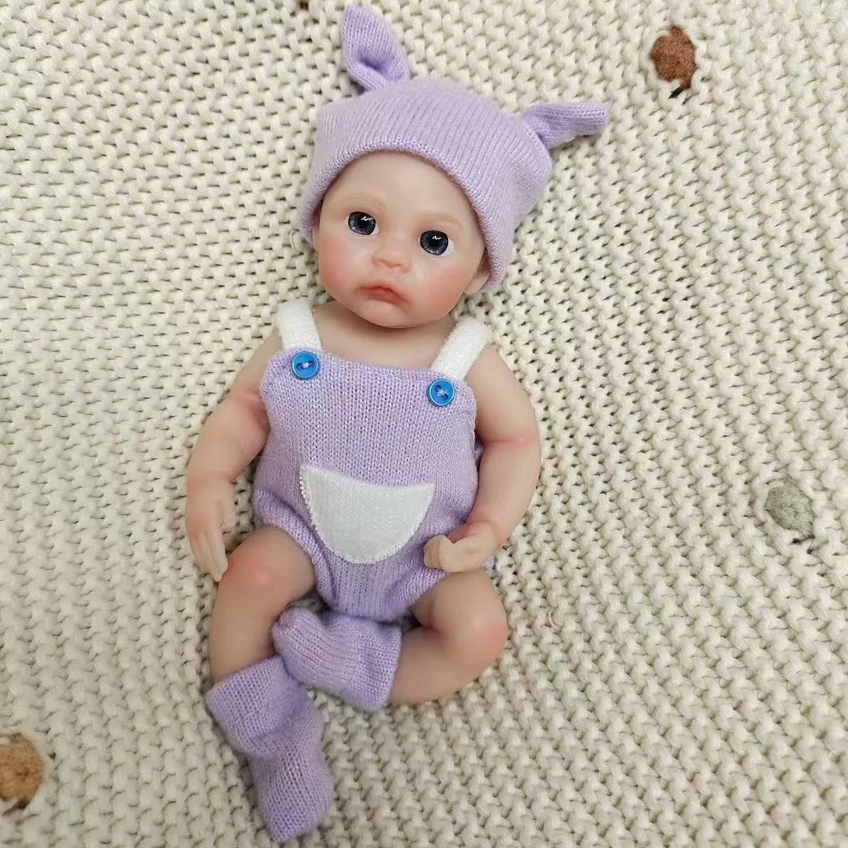 6 Inch/15 cm Mini Silicone Reborn Girl Doll, Washable, Hand Painted Vivid Skin, Purple Outfit, Bebe Reborn De Silicona