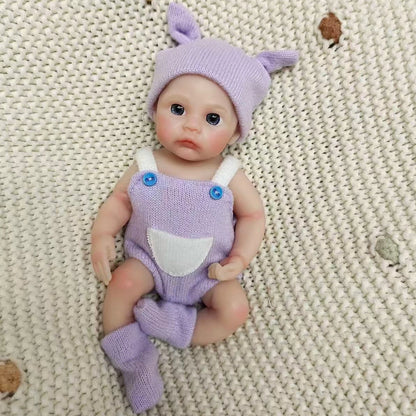 6 Inch/15 cm Mini Silicone Reborn Girl Doll, Washable, Hand Painted Vivid Skin, Purple Outfit, Bebe Reborn De Silicona
