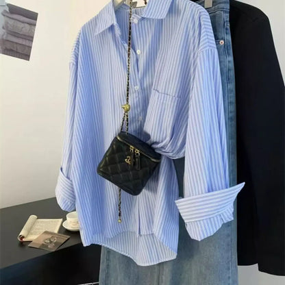 Retro Lazy Sle Blue Striped Women's Long Sve irt Spring Autumn Design Sense Small ence Outerwear Blouse
