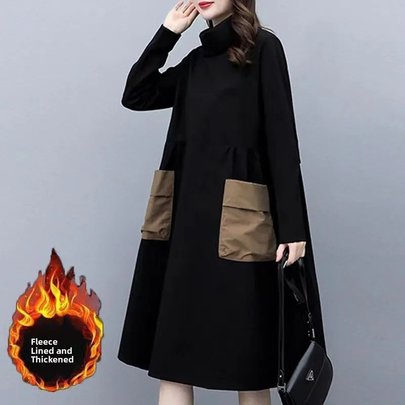 Thickened Fleece Warm Winter Dress for plus Size Women Half High Collar Sleeve Long Mid-Length Straight Cut High Waist Style