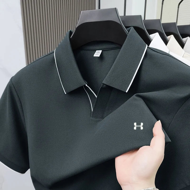 New Summer Men Striped Trim Collar Polo Shirt, Solid Quick Dry Breathable Plain Short Sleeve Top Mens Apparel