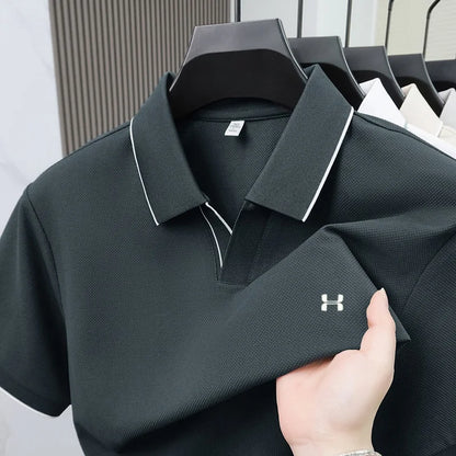 New Summer Men Striped Trim Collar Polo Shirt, Solid Quick Dry Breathable Plain Short Sleeve Top Mens Apparel