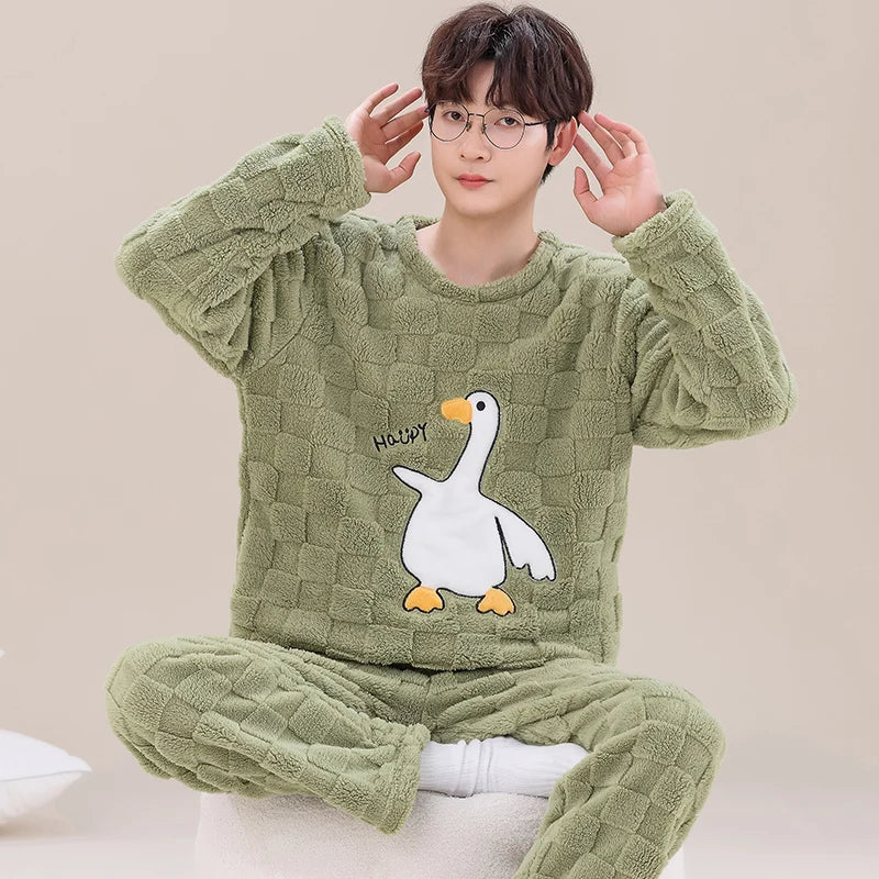 Pajama Set Men O-neck Long Sleeve Striped Comfortable Warm Flannel Mens Pajamas Big Yards XXXL Korean Style Home Clothing Casual