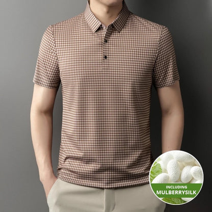 2025 Top Grade Mulberry Silk Anti-wrinkle New Summer Brand Polo Shirt Short Sleeve Casual Tops Fashions Checkered Mens Clothes
