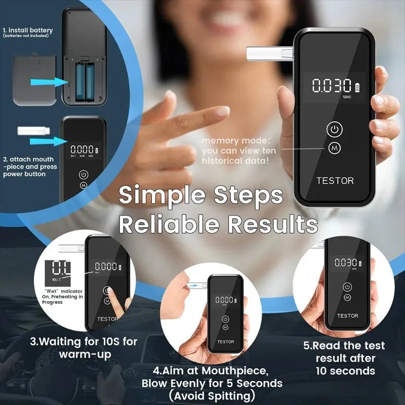 New Professional Portable Breathalyzer Alcohol Tester with Digital Display 8 Reusable Mouthpieces for Home Car Safety Use