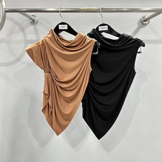 High Quality Women's South Oil Orange Irregular Pleated Small High Neck Micro Elastic One Shoulder Knitted Top