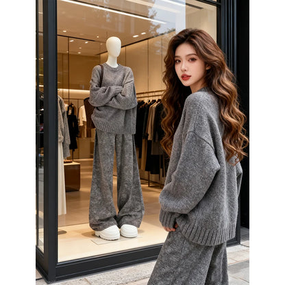 Korean Style Lazy Fashion Women's High-End Knitted Sweater And Wide Leg Pants Two-Piece Set Straight Cut Casual Outfit
