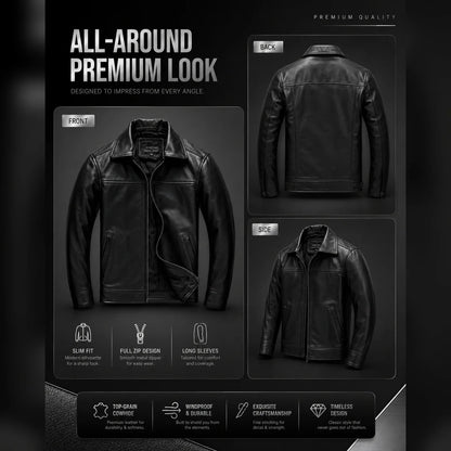 Men's Genuine Cowhide Leather Jacket Black Lapel Biker Coat Slim Fit Wind Proof Motorcycle Zip Up Casual Autumn Winter Outerwear