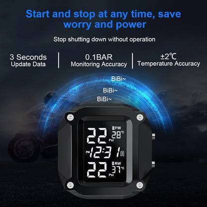 Powstation TPMS Wireless Motorcycle Tire Pressure Monitoring System Solar Charge Tyre Temperature Alarm System Colorful Display