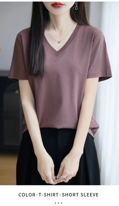 2026 Summer New Pure Cotton V-neck Short-sleeved T-shirt Women's Solid Color Joker Pullover Shirt with Loose Sleeve Bottom Shirt