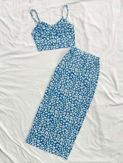 Summer Tops Women's Dress 2 piece suit swimsuit seaside vacation printed suspender Backless Slim top side slit skirt Party Dress