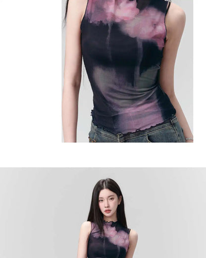 Yedinas Patchwork Tank Tops Summer 2024 Korean Fashion Mesh Tops Streetwear Sleeveless Tshirts Y2k Sheer Grunge Aesthetics