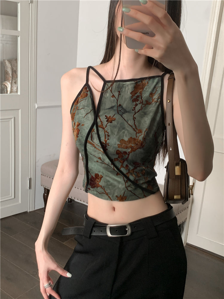 CHEERART Flocking Floral Vintage Crop Cami Top For Women Sleeveless Flower Green Tops Designer Clothes Luxury