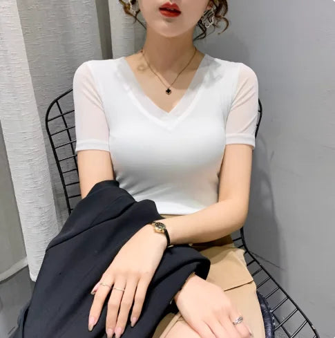 Autumn Winter Round Neck T shirt Women Sexy Mesh Bottoming Shirt Long Sleeve Solid Color Slim Fit Long Sleeve Casual Tops