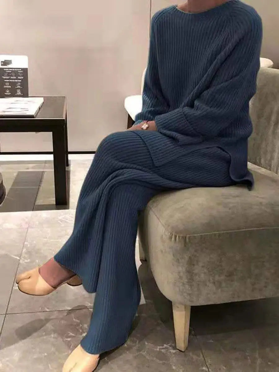 Casual Women's Knitted Sweater Two-Piece Set Cross-Border Fashion Spring Long Sleeve Pants Long Pants Suitable for 18-25 Year...