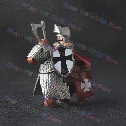MOC Medieval Military Crusader Knight Building Blocks Castle Army Soldier Figure Horse Mount Shield Sword Accessories Bricks Toy