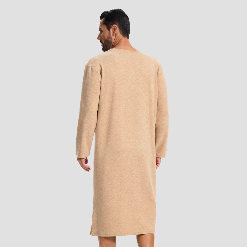 Men's autumn and winter long-sleeved one-piece nightgown, knee-length bathrobe, long one-piece home wear, wool and silk pajamas